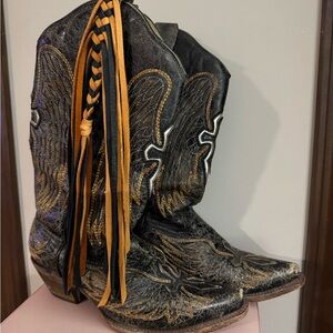Corral Black and Tan Cowboy Boots with Custom Braided Tassels
